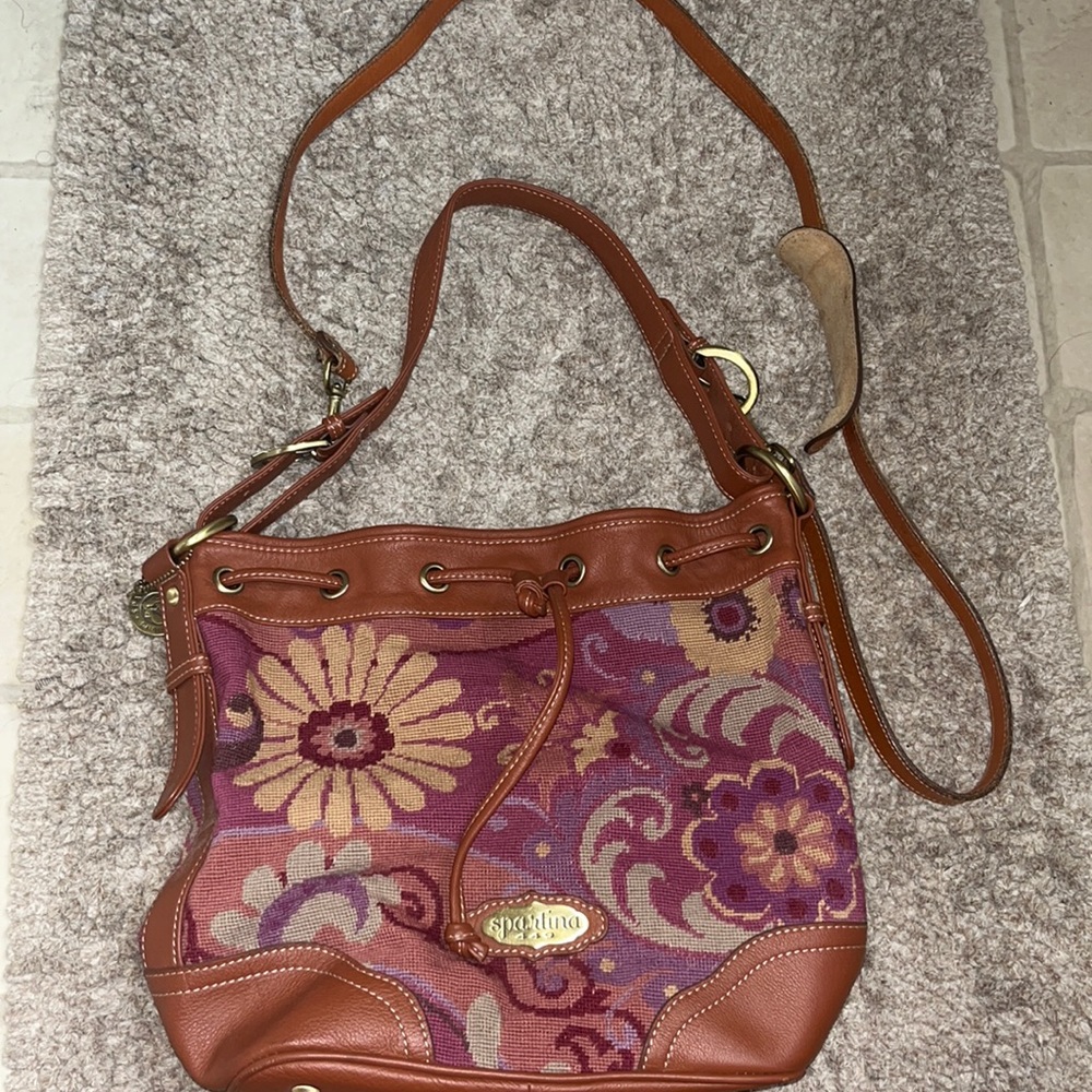 SPARTINA BROWN/PURPLE NEEDLEPOINT LEATHER bucket purse